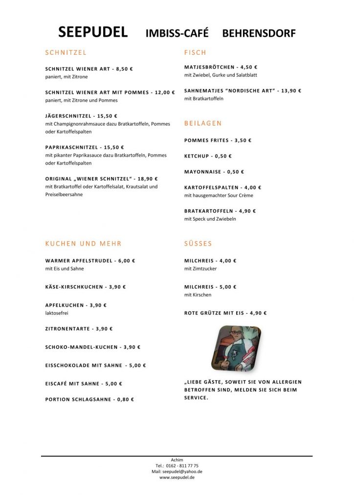 Speisekarte Seepudel